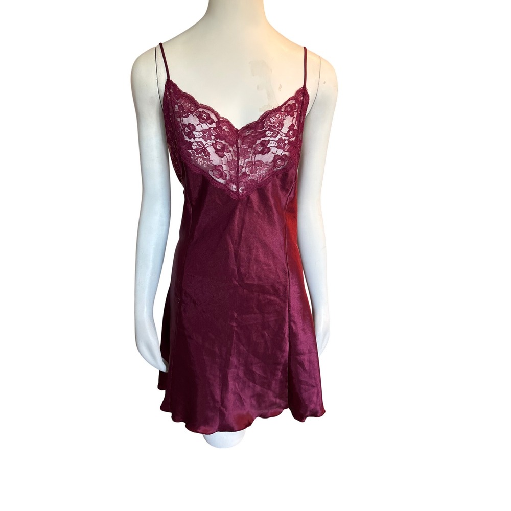 Le Boudoir Burgundy Satin Lace Chemise Nightgown Size L 14-16 Made in Canada